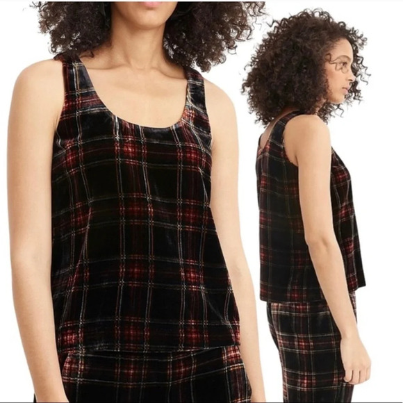 J. CREW Crushed Velvet Plaid Relaxed Fit Sleeveless Popover Holiday Tank Blouse - Picture 1 of 11
